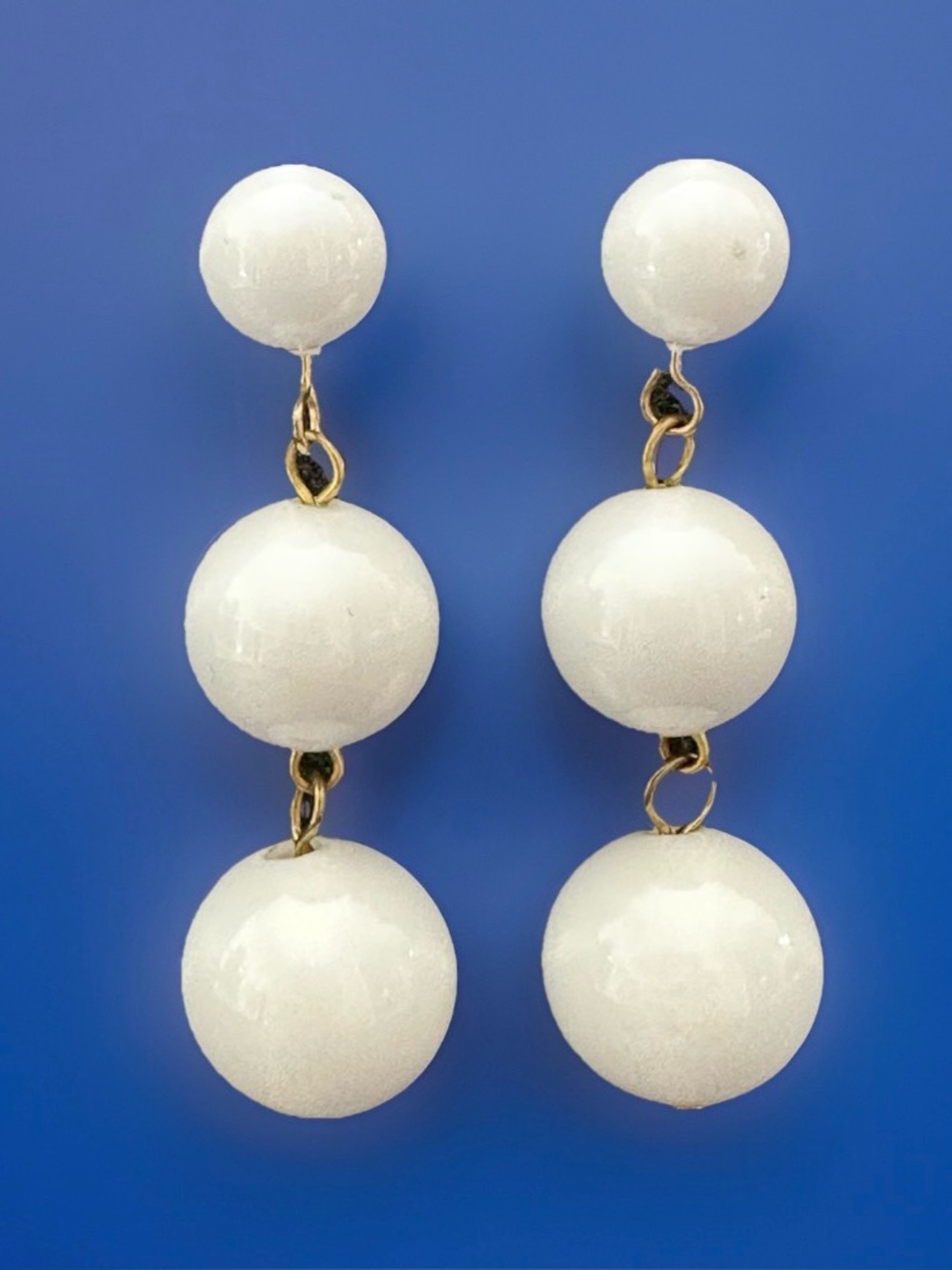 Vintage MCM White Lucite Triple Bead 2" Dangle Drop Post Earrings Gold Tone